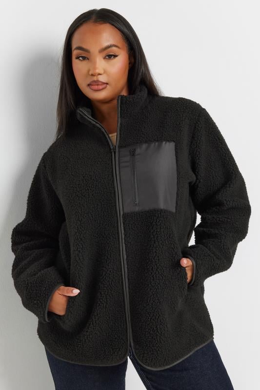 YOURS Plus Size Black Pocket Teddy Fleece Jacket | Yours Clothing 1