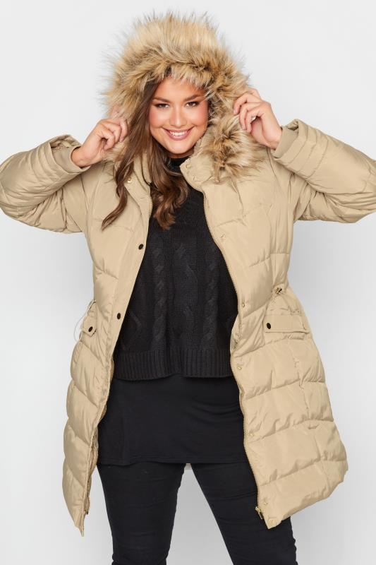 Plus Size Natural Brown Panelled Puffer Midi Coat | Yours Clothing 1
