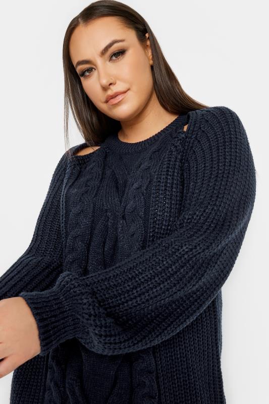 YOURS Plus Size Navy Blue Cable Knit Cut Out Jumper | Yours Clothing 5
