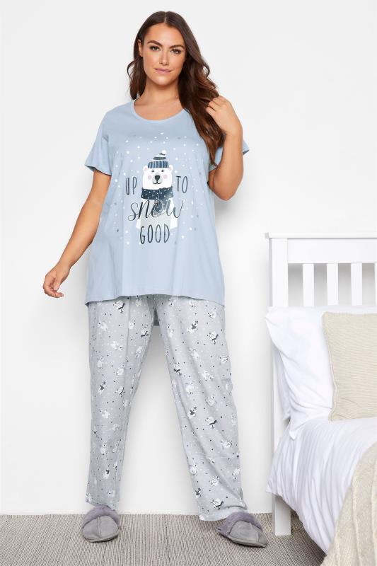 Plus Size  Blue 'Up To Snow Good' Slogan Polar Bear Pyjama Set