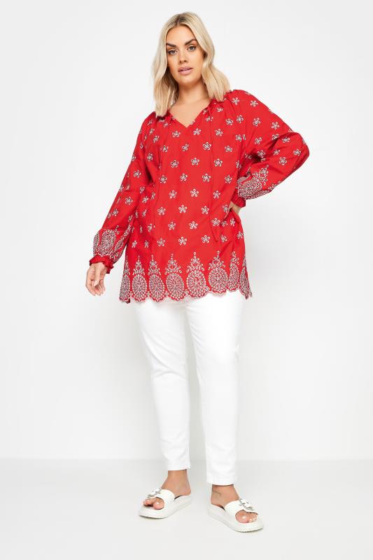 YOURS Plus Size Red & White Broderie Anglaise Blouse | Yours Clothing 2