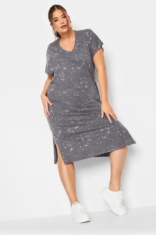 LIMITED COLLECTION Plus Size Grey Acid Wash Side Split T-Shirt Dress | Yours Clothing 1