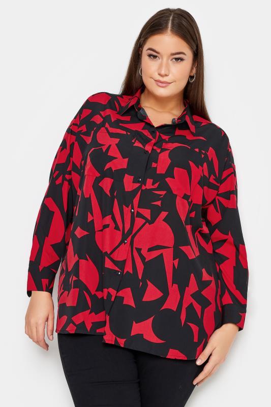 YOURS Plus Size Curve Red & Black Abstract Print Oversized Shirt | Yours Clothing  1