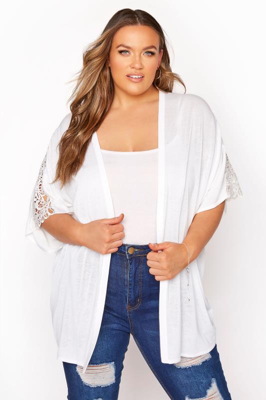 Plus Size  Curve White Lace Sleeve Kimono Cardigan