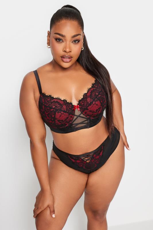 YOURS Plus Size Black & Red Lace Strap Detail Front Briefs | Yours Clothing 3