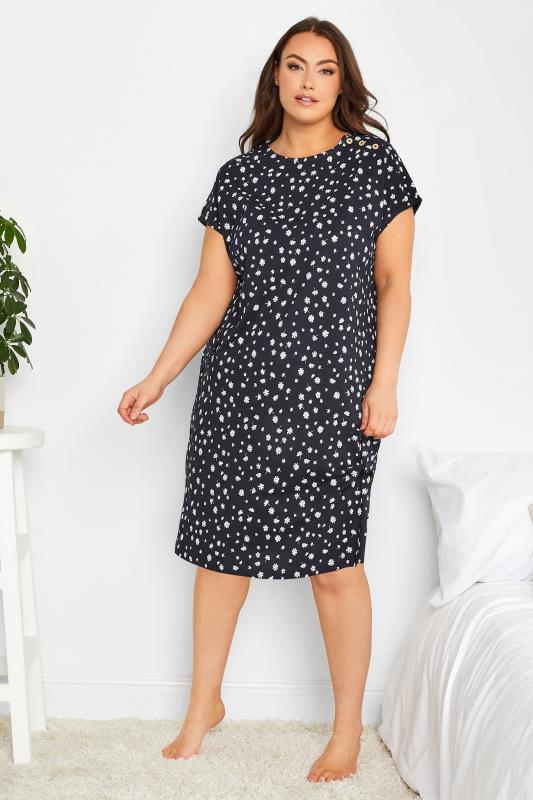 YOURS Plus Size Navy Blue Daisy Print Button Nightdress | Yours Clothing 3