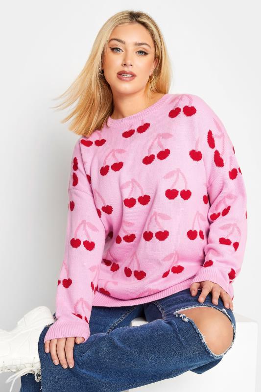 YOURS Plus Size Pink Cherry Jacquard Knit Jumper | Yours Clothing 4