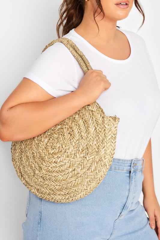 Plus Size  Natural Brown Round Straw Shoulder Bag