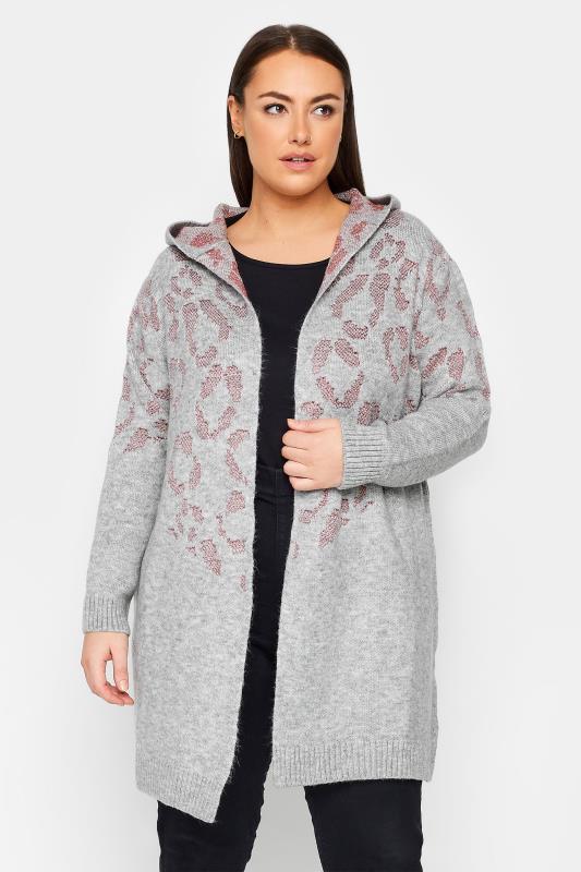 Plus Size  Evans Grey & Pink Leopard Print Hooded Cardigan