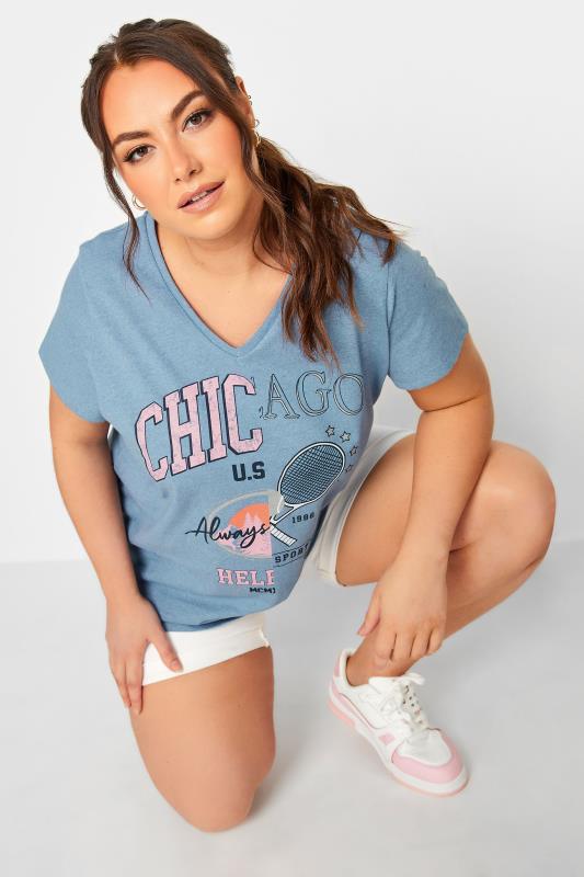 YOURS Plus Size Blue 'Chicago' Printed V-Neck T-Shirt | Yours Clothing 1