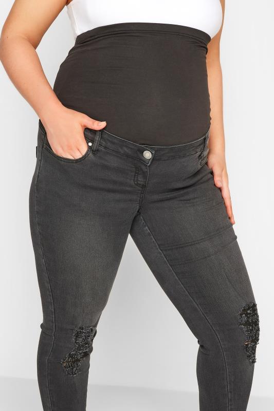 BUMP IT UP MATERNITY Curve Black Washed Ripped AVA Jeans With Comfort Panel 3