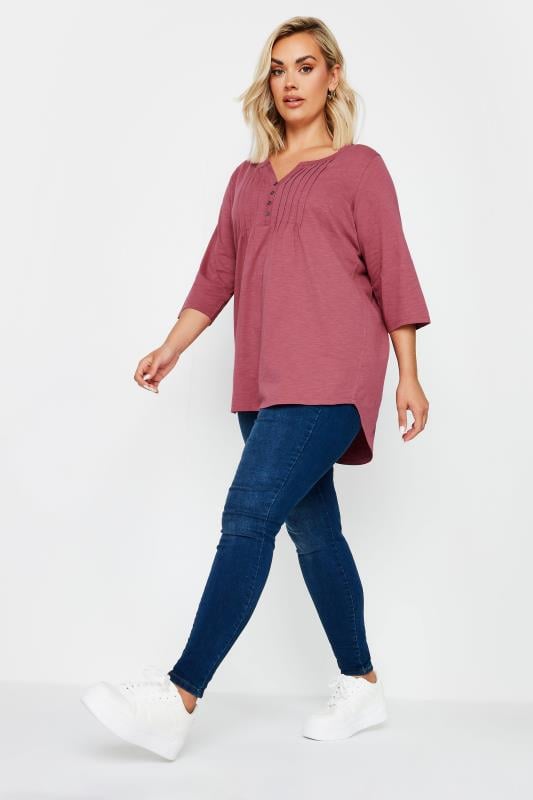 YOURS Plus Size Rose Pink Pintuck Henley Top | Yours Clothing 2