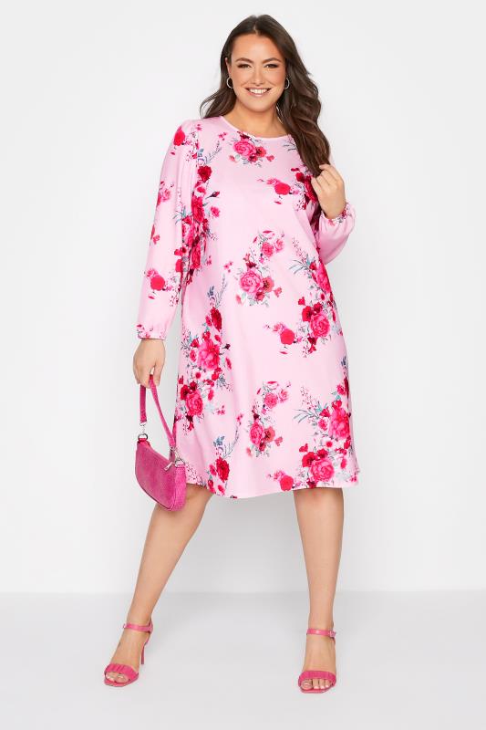 YOURS LONDON Plus Size Pink Floral Shift Dress | Yours Clothing 1
