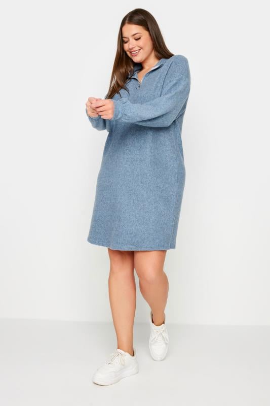 YOURS Plus Size Blue Zip Neck Soft Touch Jumper Dress | Yours Clothing 2