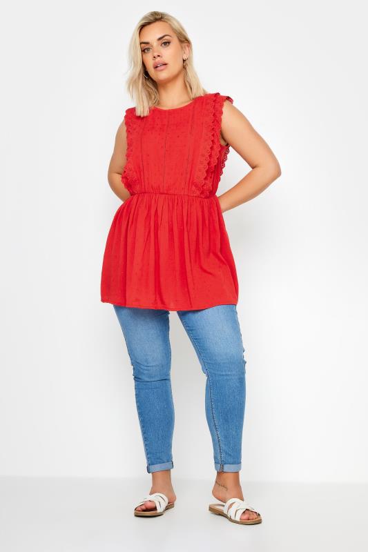 YOURS Plus Size Red Crinkle Dobby Peplum Top | Yours Clohing 2
