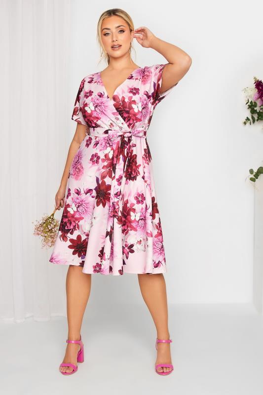 YOURS LONDON Curve Plus Size Pink & Red Floral Skater Wrap Dress | Yours Clothing  2