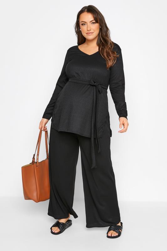 BUMP IT UP MATERNITY Curve Black Ribbed Wide Leg Trousers 2