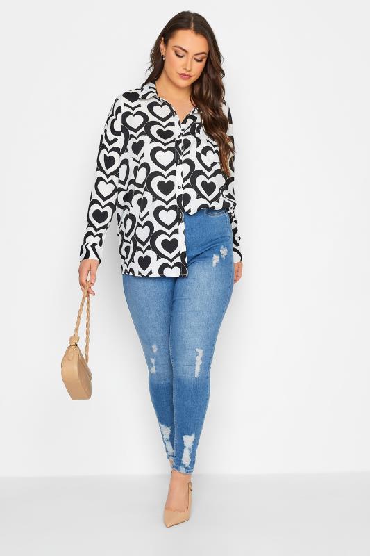 LIMITED COLLECTION Plus Size White & Black Retro Heart Print Shirt | Yours Clothing 2