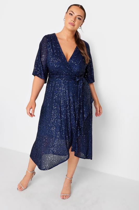 YOURS LONDON Plus Size Navy Blue Sequin Embellished Double Wrap Dress | Yours Clothing 3