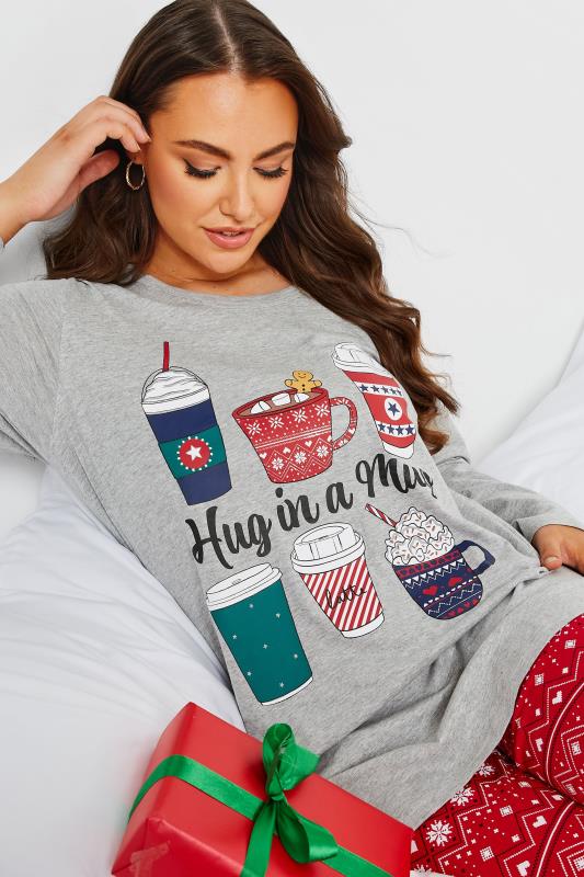 Plus Size Grey 'Hug In A Mug' Christmas Print Pyjama Set | Yours Clothing 4