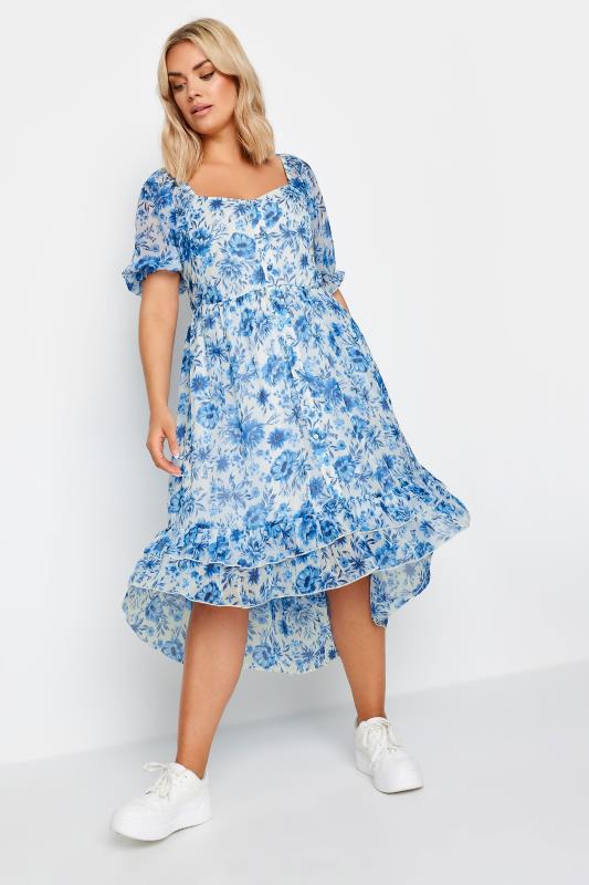 LIMITED COLLECTION Plus Size Blue Floral Print Dipped Hem Midi Dress | Yours Clothing 2