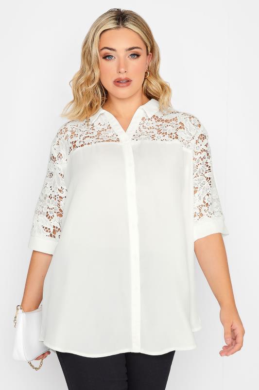 YOURS LONDON Plus Size White Lace Insert Shirt | Yours Clothing 1