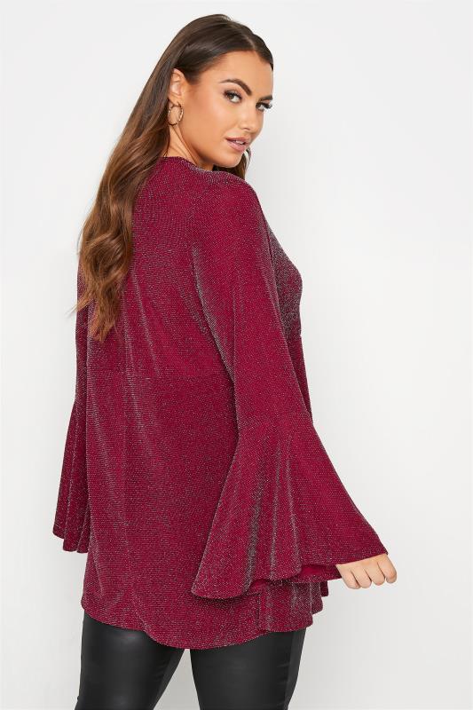 LIMITED COLLECTION Wine Red Glitter Flare Sleeve Wrap Top_C.jpg