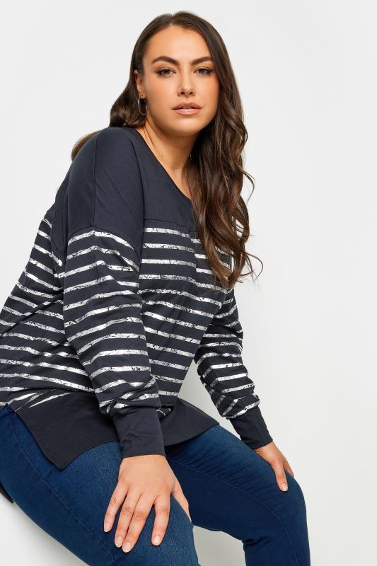 YOURS LUXURY Plus Size Navy Blue Metallic Stripe Top | Yours Clothing 4