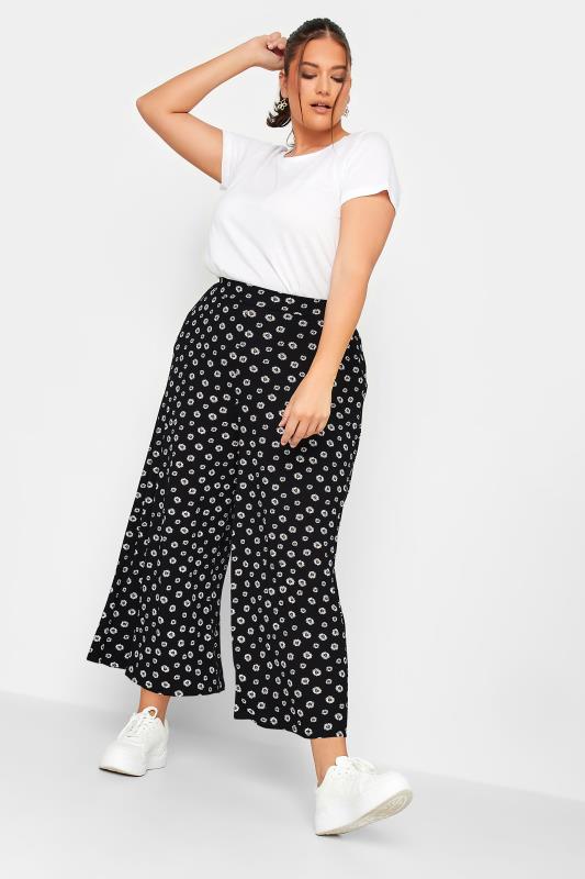 YOURS Plus Size Curve Black Daisy Print Midaxi Culottes | Yours Clothing