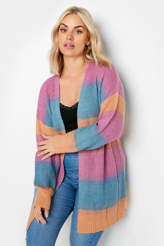 YOURS Plus Size Pink & Blue Ombre Stripe Knitted Cardigan | Yours Clothing 1