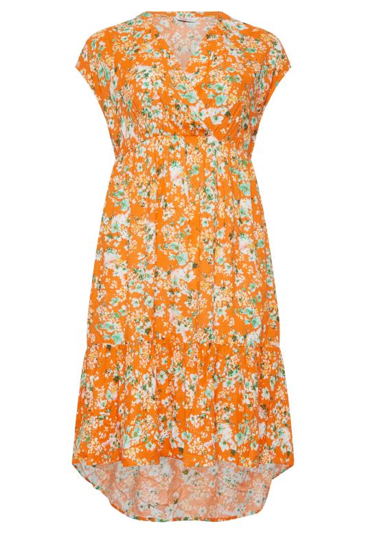YOURS Plus Size Orange Floral Print High Low Wrap Dress | Yours Clothing 6