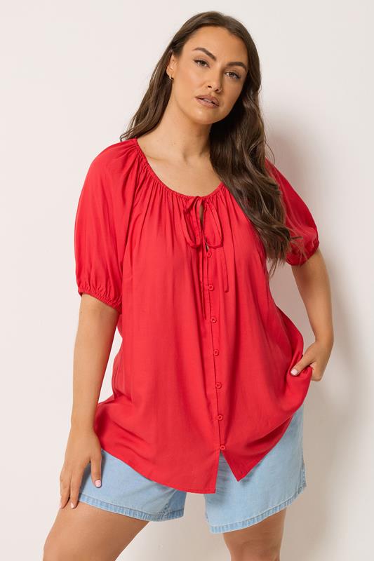  YOURS Curve Red Button Through Tie Neck Top