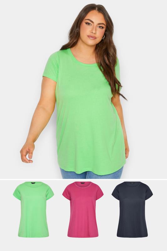 YOURS Curve Plus Size 3 PACK Green & Pink Essential T-Shirts | Yours Clothing  1