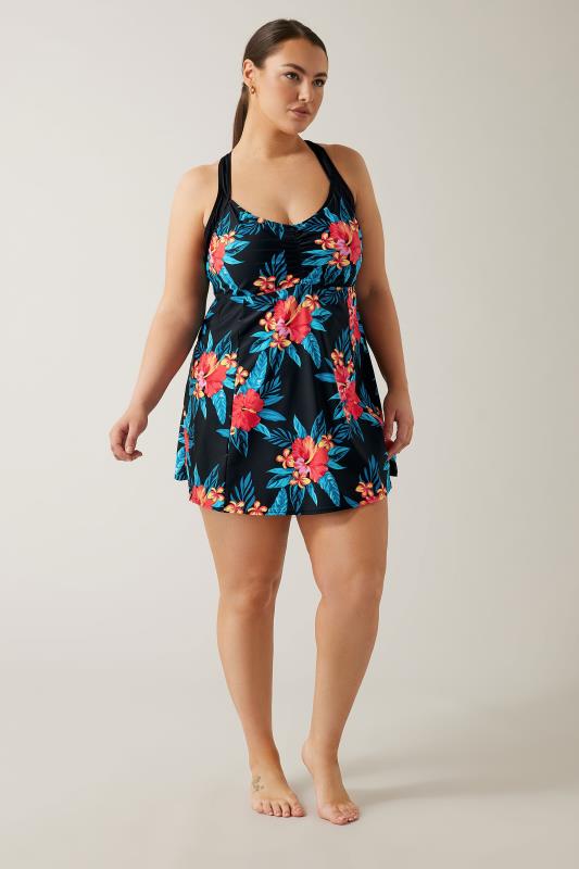 Evans Black Tropical Print Halter Back Swim Dress | Evans 4