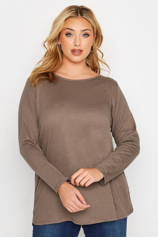 Plus Size Mocha Brown Long Sleeve T-Shirt | Yours Clothing 1