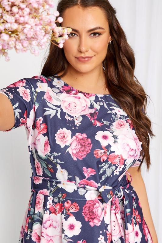 YOURS LONDON Curve Plus Size Navy Blue & Pink Floral Skater Dress | Yours Clothing  4
