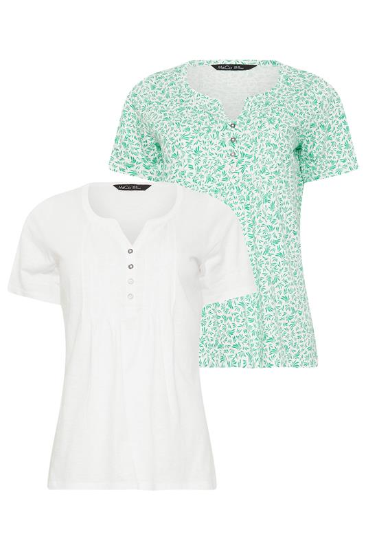 M&Co 2 PACK White & Green Leaf Print Cotton Henley Tops | M&Co 7
