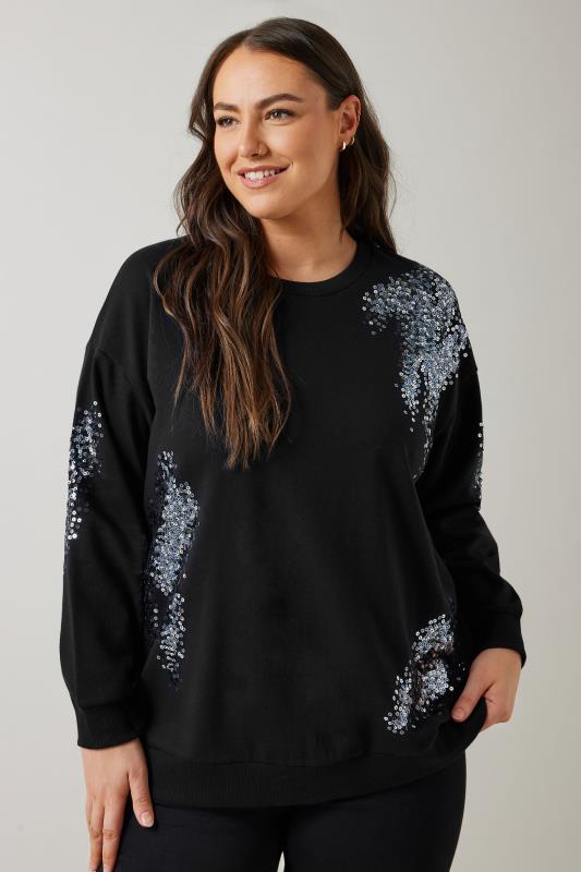 EVANS Plus Size Black & Silver Sequin Embellished Sweatshirt | Evans 1