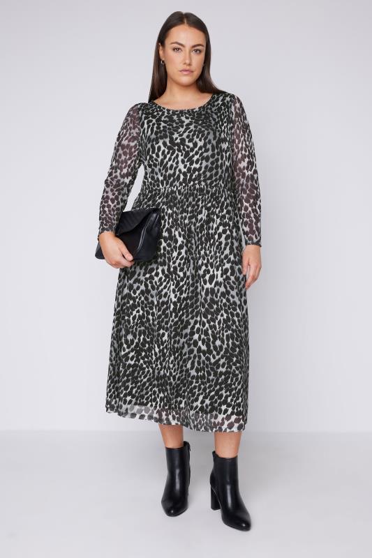 Plus Size  EVANS Curve Grey Leopard Print Mesh Midaxi Dress
