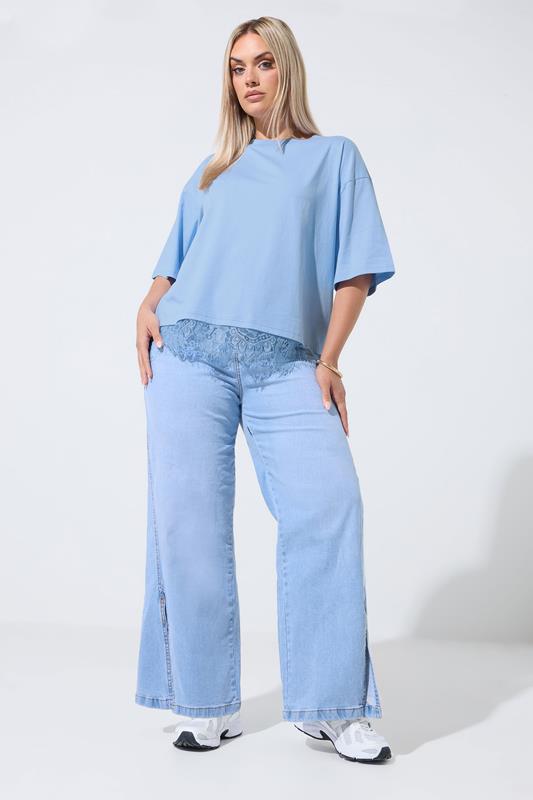 LIMITED COLLECTION Plus Size Light Blue Oversized Lace Hem T-Shirt | Yours Clothing 1