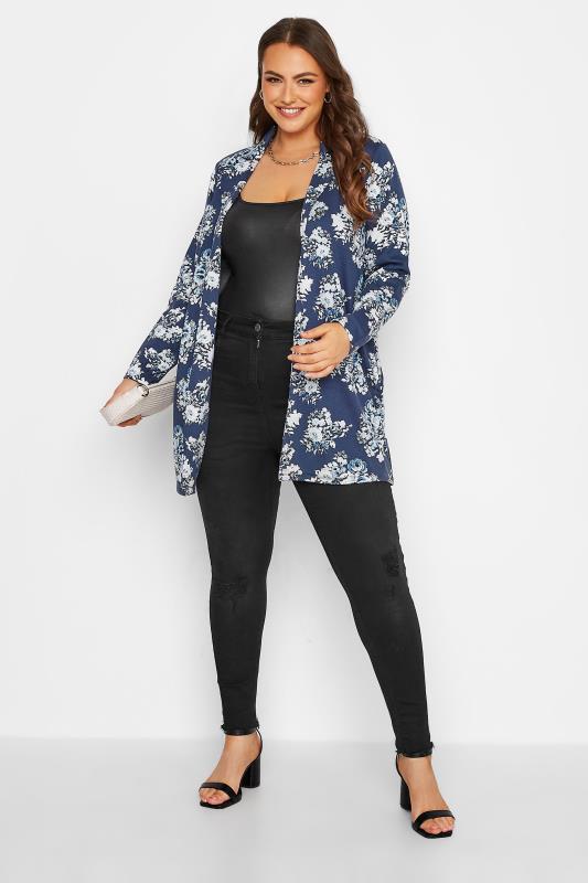Plus Size Navy Blue Floral Longline Blazer | Yours Clothing 2