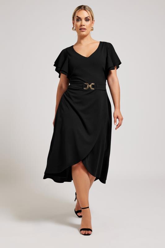 YOURS LONDON Plus Size Black Buckle Dipped Hem Midi Dress | Yours Clothing 1
