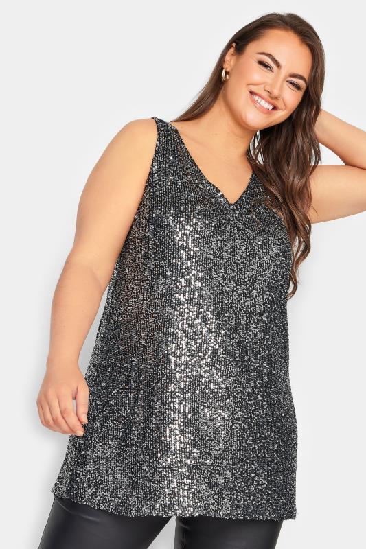 YOURS LONDON Plus Size Silver Sequin Swing Vest Top | Yours Clothing 2