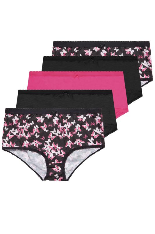 5 PACK Curve Black & Bright Pink Butterfly Print High Waisted Full Briefs 2