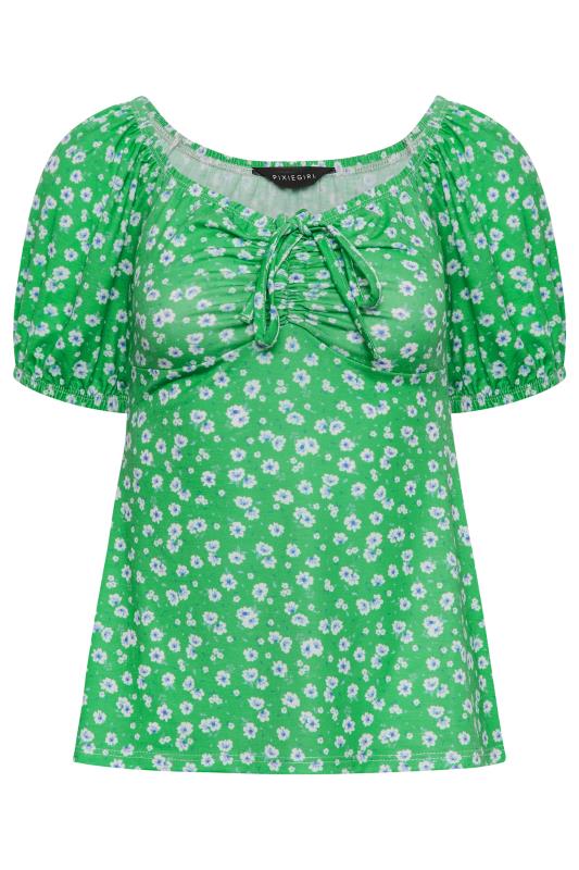 Petite Green Daisy Print Ruched Front Top | PixieGirl 6