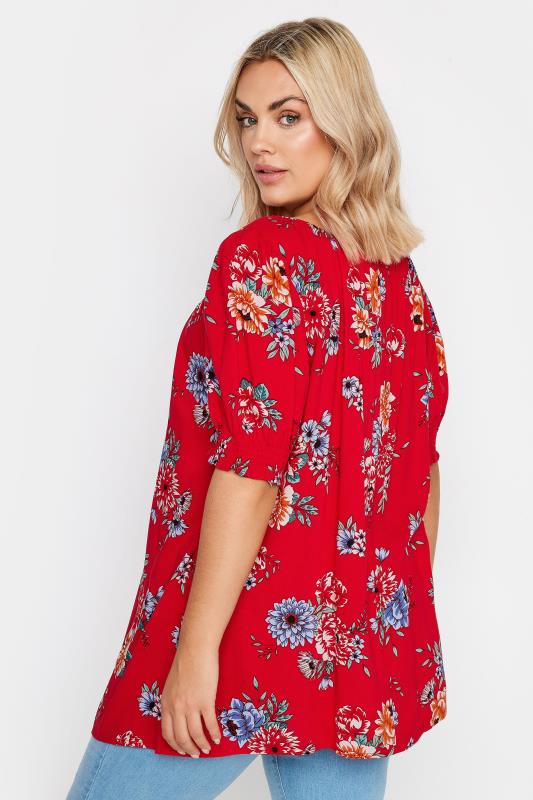 YOURS Plus Size Red Floral Print Tie Neck Top | Yours Clothing 3