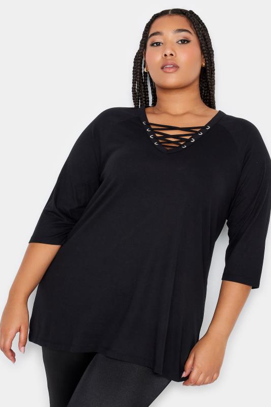 YOURS Plus Size 2 PACK Black & Charcoal Grey Lace Up Eyelet Tops | Yours Clothing 3