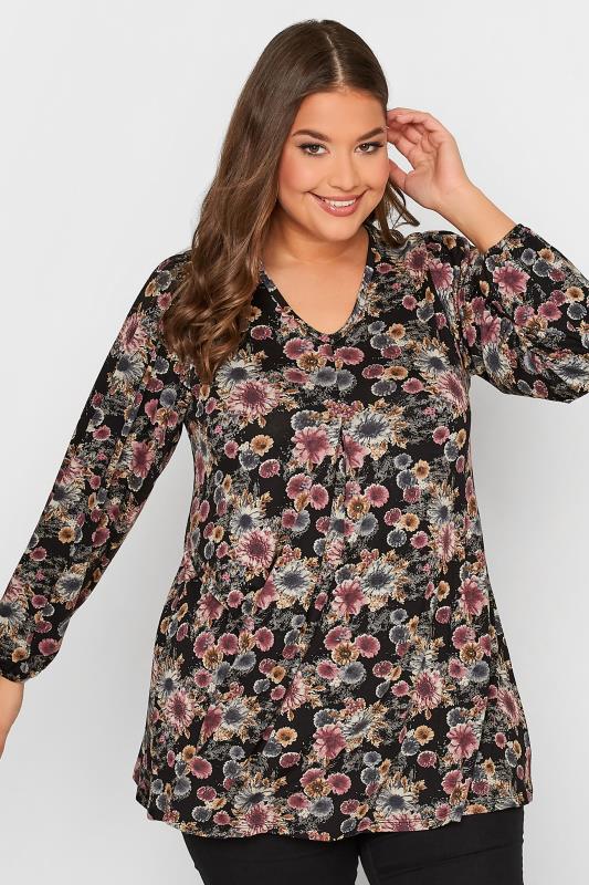  dla puszystych Curve Black & Pink Long Sleeve Floral Pleated Top
