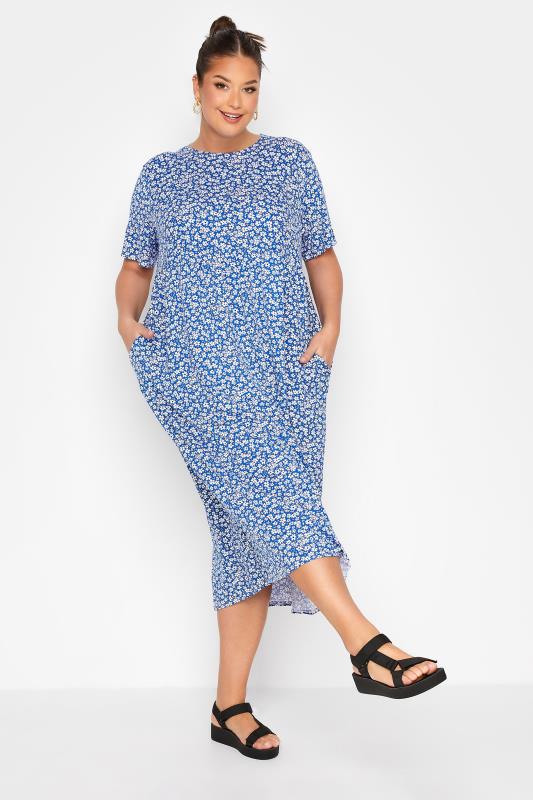 LIMITED COLLECTION Curve Cobalt Blue Floral Throw On Midi Dress 3