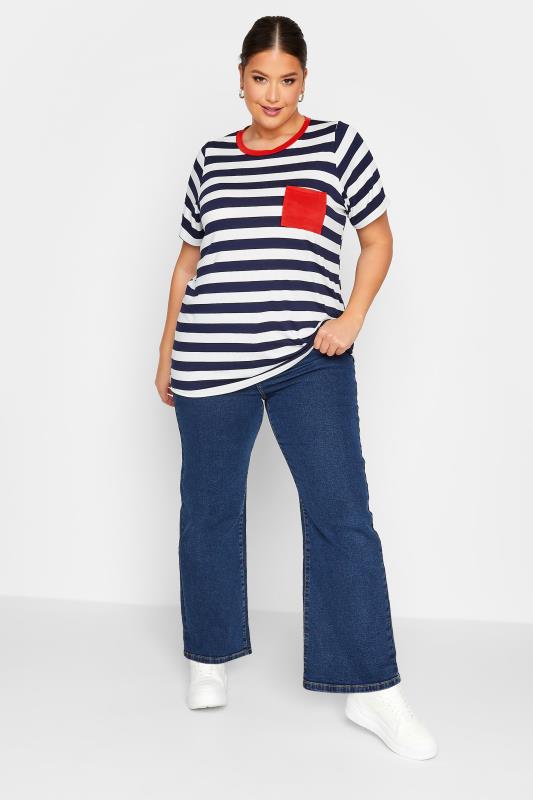 LIMITED COLLECTION Plus Size Navy Blue Stripe Contrast Collar Stripe T-Shirt | Yours Clothing  3